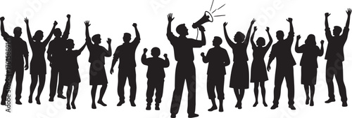 Silhouette of a crowd cheering with a person using a megaphone, demonstrating unity and protest.