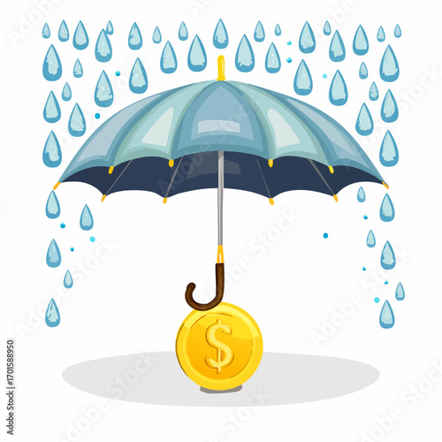 Protecting investments with umbrella and dollar coin during economic downturn and financial challenges