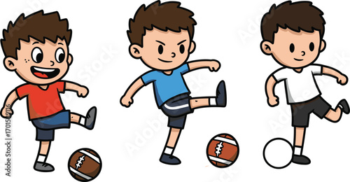 Cartoon boys kicking football and soccer balls, happy children playing sports games, fun activity vector illustration for kids and educationCartoon boys kicking football and soccer balls, 