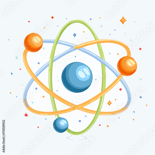 Dynamic cartoon atom illustration for educational science projects, clean design, and modern concepts