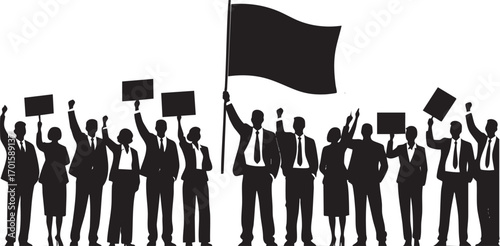Silhouette of business people protesting, holding signs and a large flag. Ideal for concepts of demonstration, unity, or revolution.