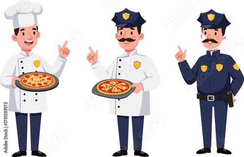 Cartoon chef and policeman characters holding pizza, vector illustration of restaurant cooking, food delivery, and law enforcement professional occupation conceptCartoon chef and policeman characte