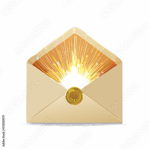 Golden envelope revealing bright light and seal, perfect for invitations, announcements, and awards