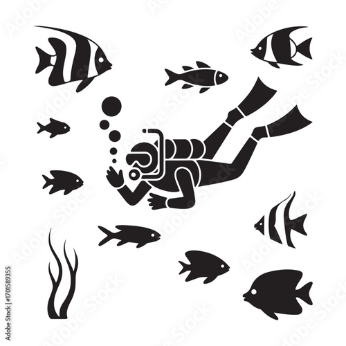 Black silhouette of a scuba diver exploring the ocean surrounded by various tropical fish and seaweed