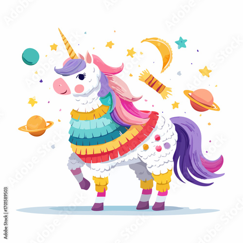 Magical unicorn piñata bursting with joy and ready to celebrate birthday parties and fun events