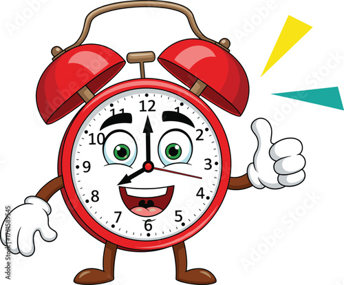 Cartoon red alarm clock character with happy smiling face, big eyes, thumbs up, ringing bells, isolated vector illustration designCartoon red alarm clock character with happy smiling face,