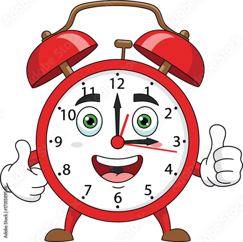 Cartoon red alarm clock character with happy smiling face, big eyes, showing thumbs up, ringing bells, isolated vector illustrationCartoon red alarm clock character with happy smiling face, 