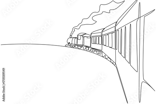 Single one line drawing the train is seen from behind and is visible to the front. The trip captain supervises the carriage. The smoke. National Train Day. Continuous line design graphic illustration