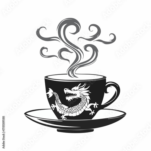 Dragon-decorated teacup with rising steam, perfect for luxury tea brands and Asian themes
