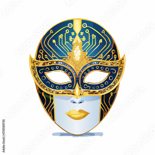 Elegant Venetian mask design, with gold accents and blue details, perfect for celebration and party themes