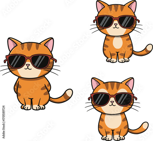 Cool cartoon cats wearing sunglasses illustration set, stylish orange kittens, trendy design for kids, pets, fashion artwork, vector graphicsCool cartoon cats wearing sunglasses 