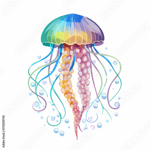 Vibrant jellyfish floating gracefully with colorful tentacles, bubbles, and underwater life.