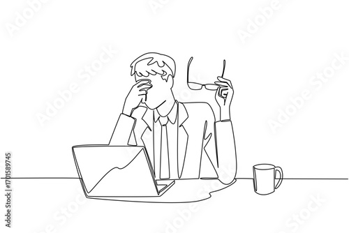 Continuous one line drawing businessman sits while taking off glasses and rubbing his eyes. A programmer who feels very tired. Chronic Fatigue Syndrome Day. Single line draw design vector illustration