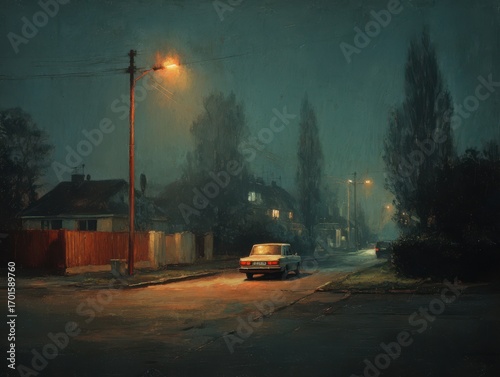 Vintage car drives down dimly lit suburban street at dusk with warm streetlights illuminating the scene