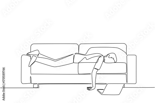 Single continuous line drawing man sleeping face down on the couch with his laptop open. The result of bringing work home. Too tired. Chronic Fatigue Syndrome Day. One line design vector illustration