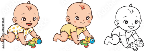 Cute baby crawling with toy rattle illustration set, colored and outline versions, perfect for nursery, kids designs, learning materialsCute baby crawling with toy rattle illustration 