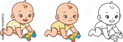 Cute cartoon baby crawling with toy rattle, happy infant illustration, newborn character design, children coloring page, toddler activity vectorCute cartoon baby crawling with toy rattle, 
