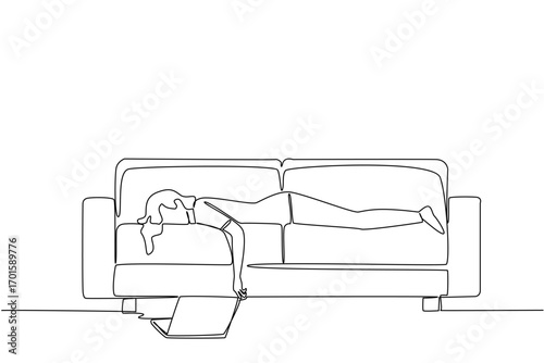 Single one line drawing a woman sleeping face down on the couch with her laptop open. Tiring online meeting. Fast asleep. Chronic Fatigue Syndrome Day. Continuous line design graphic illustration