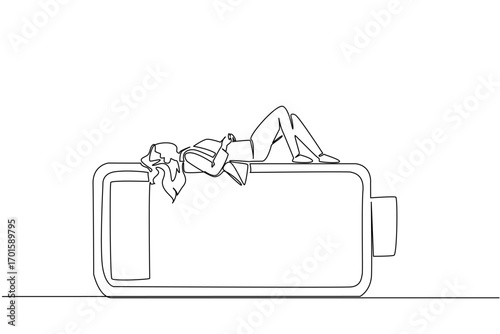 Single continuous line drawing a businesswoman falls asleep on a low battery. Recharge the depleted energy. Sleep to restore energy. Chronic Fatigue Syndrome Day. One line design vector illustration