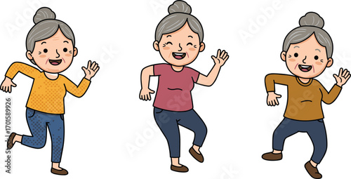 Elderly women dancing cartoon illustration, happy grandmothers exercising, cheerful senior ladies lifestyle, funny old characters vector, active aging woman designElderly women dancing 