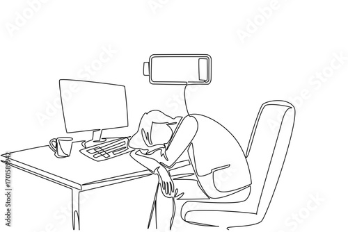 Single one line drawing a businesswoman sleeping at her desk. A cup of warm coffee still makes the sleepy. Weak. Recharge. Chronic Fatigue Syndrome Day. Continuous line design graphic illustration