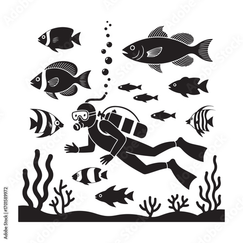 Scuba diver exploring vibrant coral reef ecosystem with various tropical fish and aquatic plants silhouette