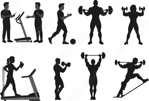 Fitness people training with dumbbells, treadmill exercise, bodybuilding workout, gym coaching, weightlifting athletes, strength training, healthy lifestyle sport vector illustrationFitness people 