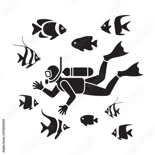 A scuba diver explores the ocean depths surrounded by various tropical fish silhouette