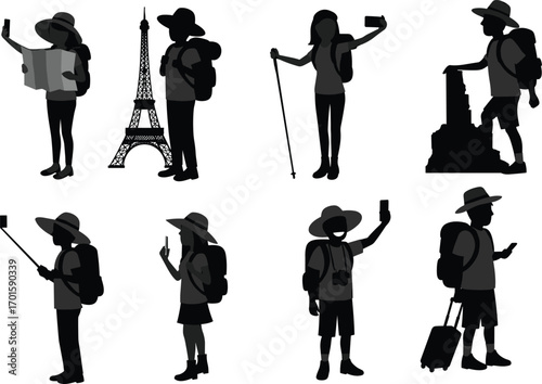 PrintTravelers exploring famous landmarks and taking selfies, hiking with backpacks, sightseeing adventures, tourism journey, vacation trips, outdoor exploration illustrationTravelers exploring famou