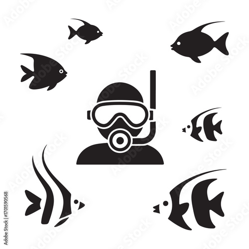 Stylized black silhouette of a diver surrounded by various tropical fish underwater silhouette