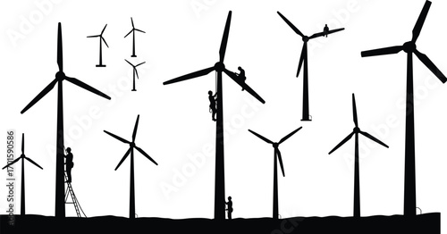 PrintWind turbine farm with engineers performing maintenance, renewable energy technology, sustainable electricity generation, green power industry vector illustration for environmental concepts