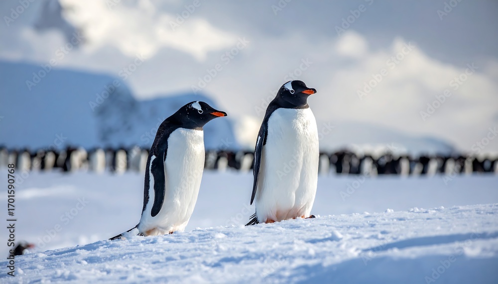 Obraz premium Two gentoo penguins stand alert on a snowy landscape, their black and white plumage contrasting against the white expanse of the icy terrain.