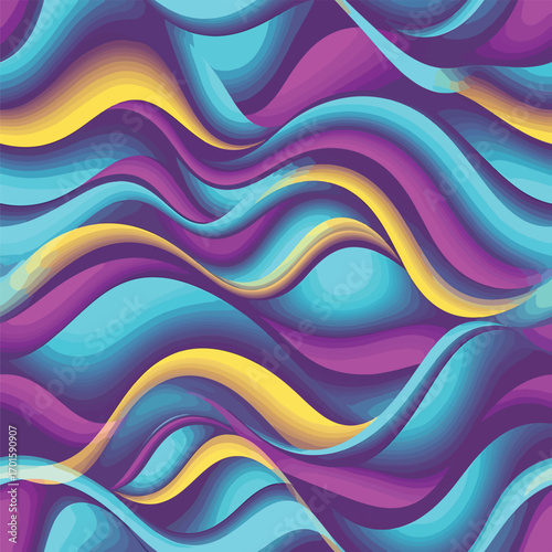 Abstract wavy pattern in shades of blue, purple and yellow creates a dynamic design, patern seamless, royalty stock.