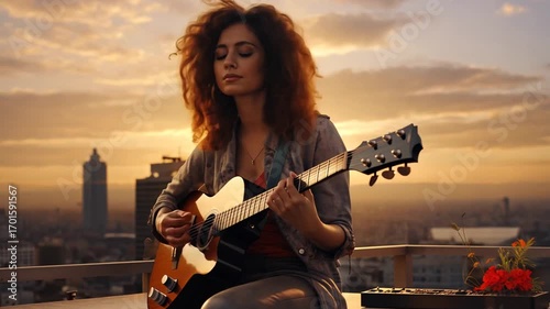 A talented female musician with voluminous curly hair plays her electric guitar on a rooftop overlooking a sprawling city skyline during a beautiful golden hour.