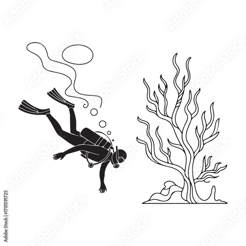 Underwater scuba diver exploring a coral reef with bubbles and seaweed in a simple black and white silhouette illustration