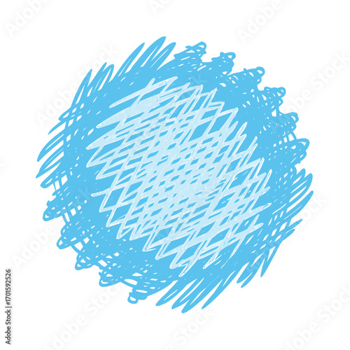 Abstract blue scribble circle with white crosshatch pattern