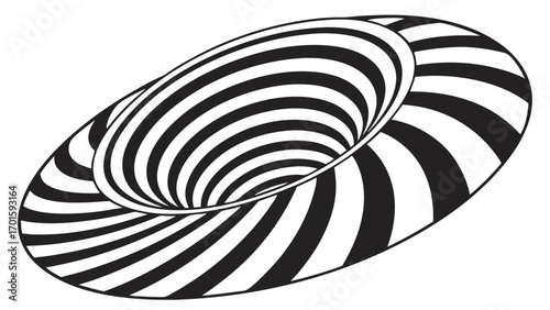 An abstract optical illusion of a black and white swirling vortex or tunnel, creating a sense of depth and disorientation
