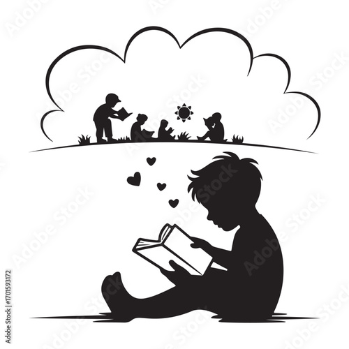 Young boy sitting and reading a book with imagination and dreams depicted above in silhouette