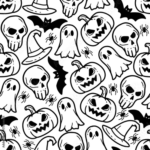 Black and White Scary Halloween Spooky Pattern. Seamless vector pattern featuring Halloween doodles, perfect for spooky October, Halloween party, or festive packaging designs.