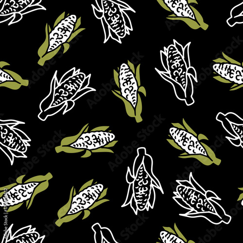 Abstract Autumn White Fresh Corn Cob Vector Pattern. Seamless pattern of cartoon corn cobs, Ideal for harvest, farming, vegetable-themed projects, packaging, and fabric design.