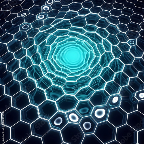 Vector illustration of a mesmerizing glowing hexagonal grid pattern swirling inward to form a luminous vortex, abstract vector background art