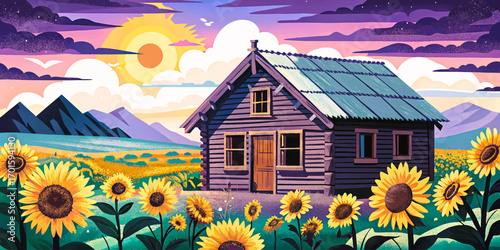 Rustic wooden cabin in sunflower field wallpaper cartoon, old hut surrounded by golden flowers and amazing sky