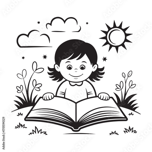 Happy young child reading an open book outdoors under a smiling sun and clouds silhouette
