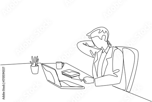 Single continuous line drawing a businessman hold the back of neck with both hands. Stiff neck. Tense muscles. Too focused on laptop. Fibromyalgia Awareness Day. One line design vector illustration