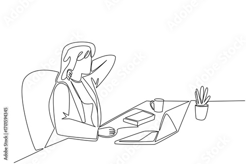 Continuous one line drawing a businesswoman is holding the back of her neck with both hands. Drink little, work a lot. Pain. Fibromyalgia Awareness Day. Single line draw design vector illustration