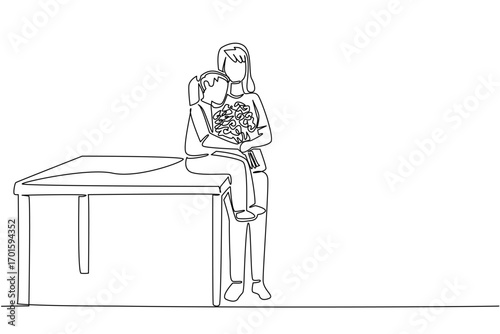 Single one line drawing a little girl sitting at a table and her mother standing and holding a bouquet of flowers. Appreciation sign of love. Day of Mother. Continuous line design graphic illustration