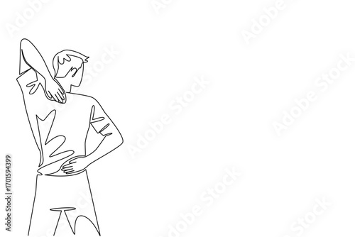 Single one line drawing a man holding her neck and back. Unbearable pain in the back of the neck. Pain. Discomfort. Sickness. Fibromyalgia Awareness Day. Continuous line design graphic illustration