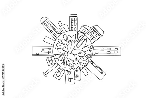 Continuous one line drawing plants in the middle with surrounding buildings surrounding it. Nature remains beautiful. International Day of Plant Health. Single line draw design vector illustration