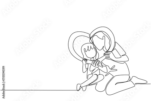 Single one line drawing girl and her mother sitting on the floor holding a heart shaped frame. Adorable photo shoot. Togetherness. Mothers at the Wall Day. Continuous line design graphic illustration