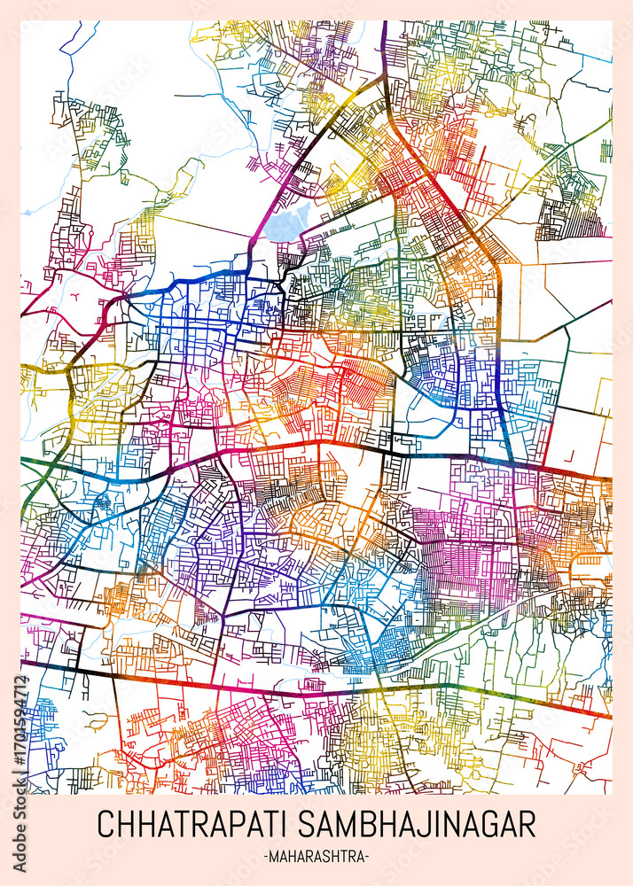 Naklejka premium Chhatrapati Sambhajinagar Maharashtra City Map. downtown tourism, house art travel, scenic metropolis concept, travel art city, patriotic abstract banner